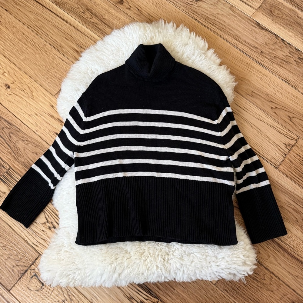 GAP Black and Cream Striped Oversized Turtleneck Sweater